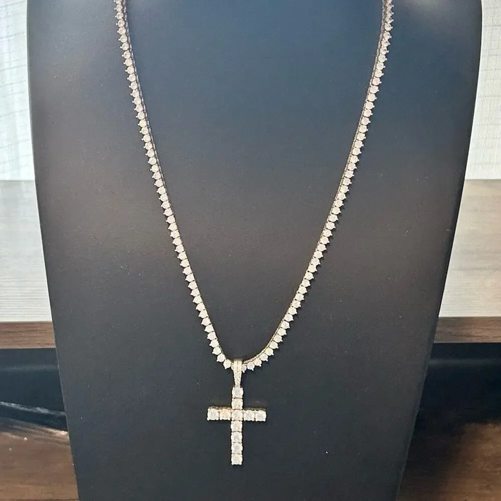 Pres Gold Presidents Tennis Chain CZ stones rhinestones Cross Pendant 20”. #A81